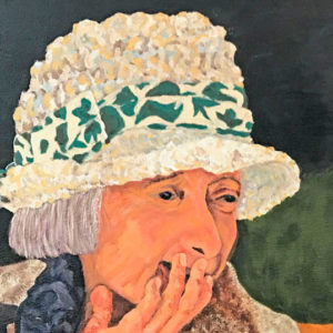 Painting of elderly woman, hiding a smirk with her hand